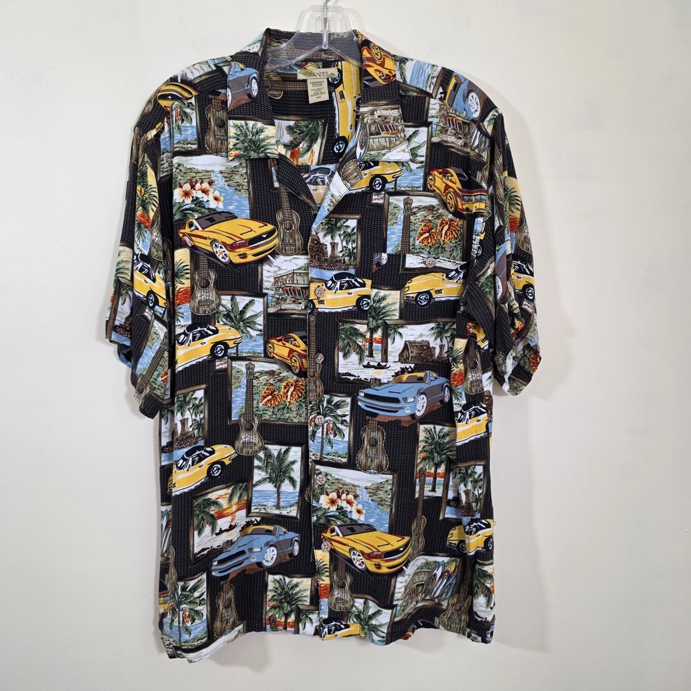 Islander Mens Shirt Muscle Car Tropical Guitar Rayon Button Down Aloha Size M